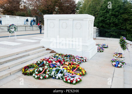 Ein Grab Sentinel, 3d-US-Infanterie Regiment (Die Alte Garde), Bewacht das Grab des Unbekannten Soldaten in den nationalen Friedhof von Arlington, Nov. 11, 2015 in Arlington, Virginia. Kränze für Veterans Day Rest in der Nähe des Grabes. (U.S. Armee Foto von Rachel Larue/Arlington National Cemetery/freigegeben) Stockfoto