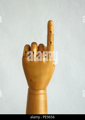 Holz- Hand Puppe, 1 Finger Geste Stockfoto