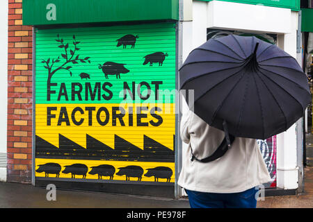 Frau mit Regenschirm von Farmen Fabriken nicht Street Art auf der Seite des seltenen Fleisch Schlachter von Southville, North Street, Bristol auf einem nassen regnerischen Tag im August Stockfoto