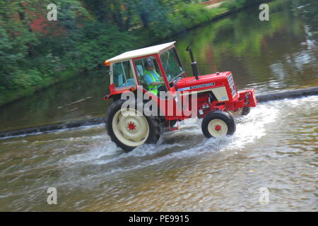 Eine Internationale 574 Traktor fährt durch den Fluss Skell in Ripon mit einem Konvoi von anderen Traktoren, die von Newby Hall Traktor Festival Stockfoto