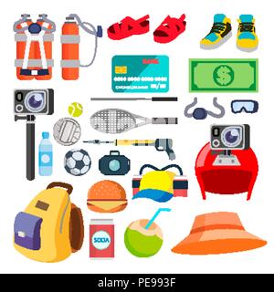 Reisen Sommer Symbole Vektor. Sommer. Ferien, Urlaub. Tourismus Artikel, Zubehör. Reisen Objekte. Isolierte flache Cartoon Illustration Stock Vektor