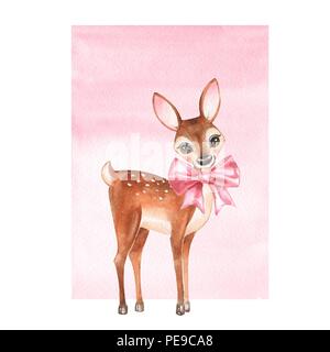 Baby Deer. Hand cute Fawn mit einem Bogen gezeichnet. Cartoon Illustration Stockfoto