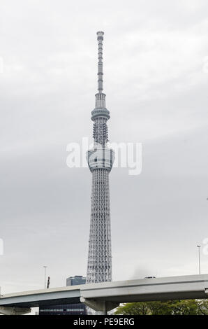 Ikonischen Gebäude als von Sumida Park gesehen, über Sumida River. Die Gebäude sind Asahi HQ und Tower und Sumida Ward Office, und Tokio Skytree. Stockfoto