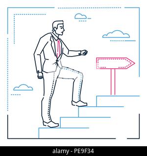 Geschäftsmann klettern eine Leiter-line Design style Abbildung auf weißen Hintergrund. Metaphorische lineare Bild eines jungen Mannes wandern im Obergeschoss, pursuin Stock Vektor