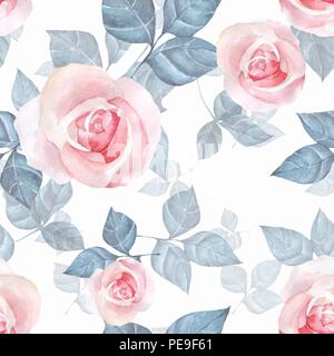 Zarte Rosen. Hand gezeichnet Aquarell Blumen nahtlose Muster Stockfoto