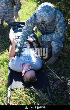 Sgt. Orlando Gonzalez Bewertungen seiner simulierten Patienten, als er die Ankunft eines medevac Hubschrauber erwartet während des Kampfes Medic Sustainment Ausbildung an der Kentucky's National Guard Wendell H. Ford regionalen Ausbildungszentrums in Greenville, Ky., 07.11.14. Simuliert die Verluste waren in einem Feld Umgebung identifiziert und mit dem Hubschrauber zur Truppe medizinische Klinik, die wie ein Feldlazarett bei Wendell Ford für diese Übung diente evakuiert. (Army National Guard Foto von Sgt. 1. Klasse Aaron Hiler, 133 Mobile Public Affairs Abteilung) Stockfoto