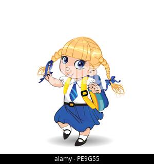 Süße kleine blonde Mädchen mit Zöpfen und großen blauen Augen tragen Uniform mit Rucksack auf weißem Hintergrund. Vector Illustration, clip art Stock Vektor