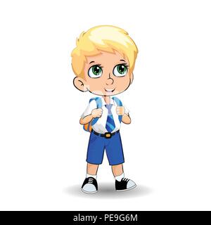 Süße kleine blonde Schule Junge mit großen grünen Augen tragen Uniform mit Rucksack auf weißem Hintergrund. Vector Illustration, Clip Art, Vorlage, Stock Vektor