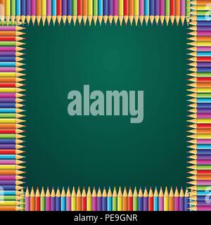 Vektor bunte quadratischen Rahmen der bunten Regenbogen Buntstifte auf grüner Tafel Hintergrund mit leere Platz für Text. Zurück zu Schule oder Tee Stock Vektor