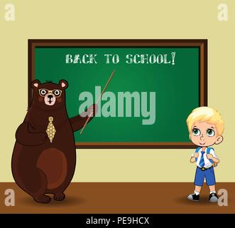 Zurück zu Schule Vector Illustration mit cute Cartoon bear Lehrer Brille und Krawatte holding Zeiger und kawaii Schuljungen in Uniform in der Nähe von blackbo Stock Vektor