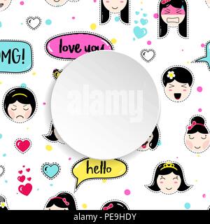 Mädchen Banner mit Anime emoji Muster. Süße Aufkleber mit emotico Stock Vektor