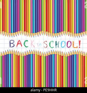 Zurück zu Schule Hand schreiben Sketchy Bunte Bleistifte Inschrift auf Notebook Seite von weiß karierten Papier mit gewellten horizontalen Rahmen aus multicol Stock Vektor