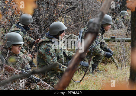 Bulgarische Soldaten von 1/61 St mechanisierten Bataillons stetig ihre Positionen in der baumgrenze als der Feind seinen Ansatz während der Übung Frieden Sentinel bei Novo Selo Training Center, Bulgarien, Nov. 24, 2015 beginnt. (U.S. Armee Foto: Staff Sgt. Steven M. Colvin/Freigegeben) Stockfoto