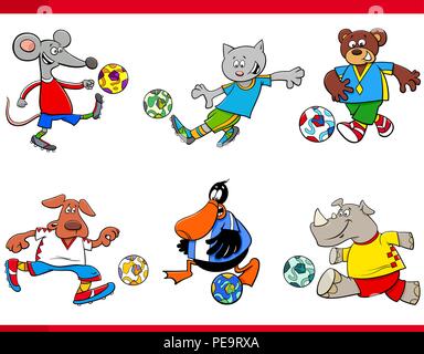 Cartoon Illustrationen von Tier- Fußball oder Fussball Spieler Zeichen mit Kugeln Stock Vektor