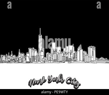 Vektor Zeichnung die Skyline von New York City, skizzieren. USA Reise Sehenswürdigkeit. Schwarze und weiße Abdeckung und Hintergrund Konzept. Stock Vektor