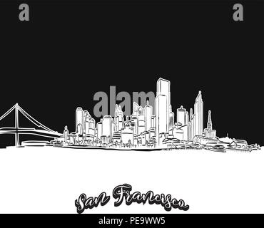 Vektor Zeichnung von San Francisco Skyline, skizzieren. USA Reise Sehenswürdigkeit. Schwarze und weiße Abdeckung und Hintergrund Konzept. Stock Vektor