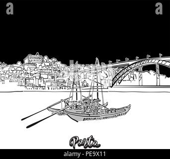 Porto Skyline, skizzieren. Vektor Zeichnung der Skyline, Outline, Portugal. Schwarz-weiß illustration Konzept. Stock Vektor