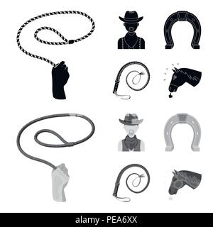 Hand Lasso, Cowboy, Hufeisen, Peitsche. Rodeo set Sammlung Icons in Schwarz, monochrom Stil vektor Symbol lieferbar Abbildung. Stock Vektor