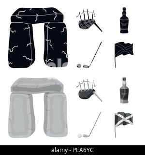 Stein, Dudelsack, Whisky, Golf. Schottland land Sammlung Icons in Schwarz, monochrom Stil vektor Symbol lieferbar Abbildung. Stock Vektor