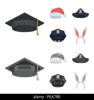 Absolvent, Santa, Polizei, Piraten. Hüte set Sammlung Icons im Cartoon, Schwarzweiß-Stil vektor Symbol lieferbar Abbildung. Stock Vektor