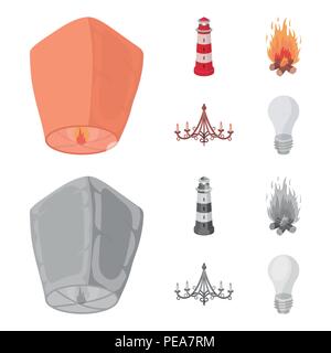 Ein licht Laterne, einen Leuchtturm, ein Feuer, ein Kronleuchter mit Kerzen. Lichtquelle Sammlung Icons im Cartoon, Schwarzweiß-Stil Vektor symbol Lager krank Stock Vektor