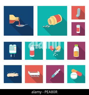 Medizin und Behandlung flach Symbole im Set Sammlung für Design. Medizin und Ausrüstung vektor Symbol lieferbar Abbildung. Stock Vektor