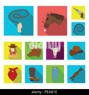 Rodeo, Wettbewerb flachbild Symbole im Set Sammlung für Design. Cowboy und Ausrüstung vektor Symbol lieferbar Abbildung. Stock Vektor