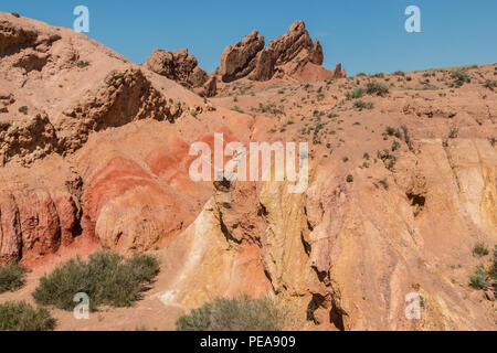 Märchen Canyon (skazka Canyon), eine Wüste Gegend in der Nähe von Bokonbayevo in Kirgisistan, an den Ufern des Sees Issyk Kul. Stockfoto