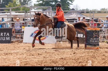 Cowgirls führen ihre quarterhorses durch die Barrel Racing Kurs während der Ram-Ritt Tour in Exeter, Ontario, Kanada. Stockfoto