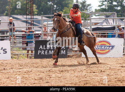 Cowgirls führen ihre quarterhorses durch die Barrel Racing Kurs während der Ram-Ritt Tour in Exeter, Ontario, Kanada. Stockfoto