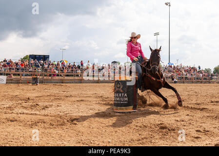 Cowgirls führen ihre quarterhorses durch die Barrel Racing Kurs während der Ram-Ritt Tour in Exeter, Ontario, Kanada. Stockfoto