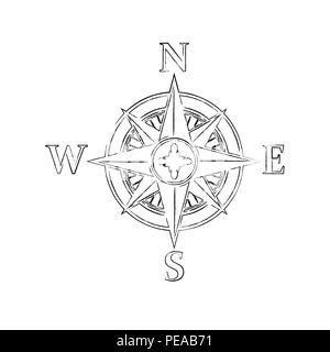 Schwarz grunge Umrisse Windrose Silhouette auf weißem Hintergrund Stock Vektor