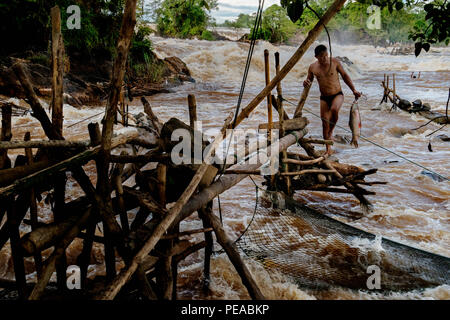 Ein Fischer auf Don Khon Insel ergibt sich aus den Fluten mit seinen Fang. 4000 Inseln, Laos Stockfoto
