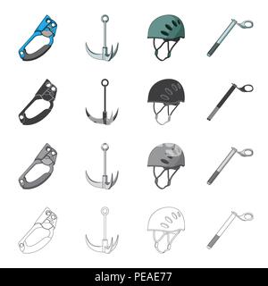 Klettern Helm, Klammer, Steigeisen, Sicherheit Keil. Kletterausrüstung Sammlung Icons in Cartoon schwarz monochrome Outline style Vektor Symbol lieferbar I Stock Vektor