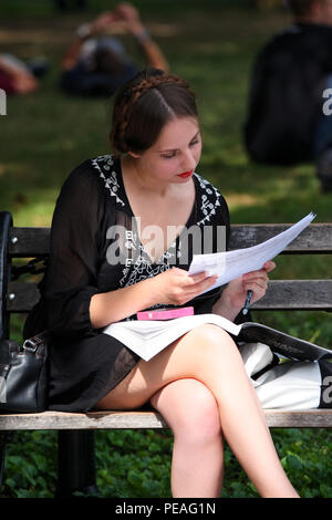 NEW YORK, NY - 05. SEPTEMBER: junge weiße Frau Studium ein Buch, während sitzen auf einer Bank in Washington Square Park, Manhattan am 5. September 2016 in N Stockfoto