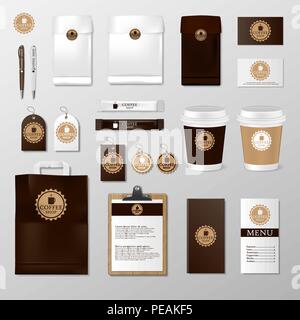 Realistische set Mock up Vorlage für Café oder Restaurant. Kaffee Karte, Menü, Schale, Papier verpacken, Verpackung Design für Corporate Branding Identität, Vektor Stock Vektor