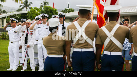 Service für Mitglieder und Besucher machen Ehren während dem Spielen der Nationalhymne während der Pearl Harbor Farben, Ehren und Erbe Zeremonie am Zweiten Weltkrieg Valor im Pazifik National Monument, Massachusetts, November 19, 2015. Die Zeremonie wird einmal im Monat statt die Opfer, die unsere Streitkräfte zu Ehren, sowohl diejenigen jetzt dienen und gedient haben. (U.S. Marine Corps Foto von Cpl. Wesley Timm/Freigegeben) Stockfoto