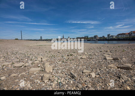 Den Rhein in der Nähe von Düsseldorf, extreme Ebbe, Rheinebene bei 84 cm, nach der langen Trockenheit der linken Rheinseite, trocken bei Düsseldorf Ob fällt Stockfoto