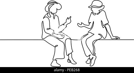 Kontinuierliche eine Linie zeichnen. Zwei sitzende alte Frauen sprechen. Vector Illustration Stock Vektor