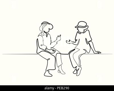 Kontinuierliche eine Linie zeichnen. Zwei sitzende alte Frauen sprechen. Vector Illustration Stock Vektor