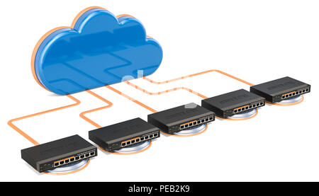 Netzwerk Verbindung Konzept. Computer cloud mit Netzwerk-switches, 3D-Rendering auf weißem Hintergrund Stockfoto