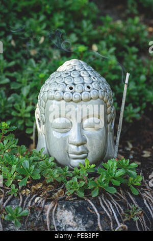 Nahaufnahme der Buddha Kopf mit aromatischen rauchen Stick und Pflanzen um Stockfoto