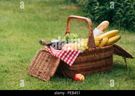 Leckere Früchte und eine Flasche Champagner im Weidenkorb auf grünem Gras im Picnic Stockfoto