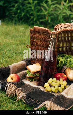 Umgedreht Korb mit Obst und eine Flasche Champagner auf Decke in Park Stockfoto