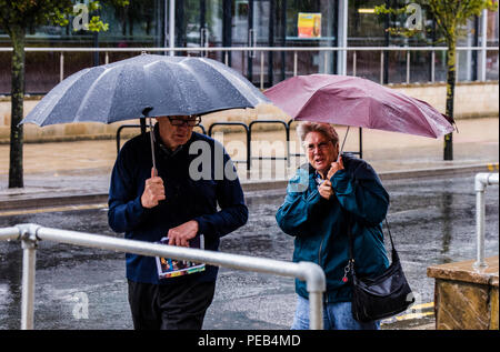Der Mann und die Frau zu Fuß im regensturm, schützende unter Sonnenschirmen, Harrogate, North Yorkshire, Großbritannien Stockfoto