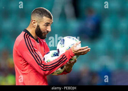 Tallinn, Estland. 14 Aug, 2018. Fußball, UEFA Super Cup, Ausbildung Atletico Madrid bei lillekula Stadion. Player Karim Benzema gestikulierte. Credit: Marius Becker/dpa/Alamy leben Nachrichten Stockfoto