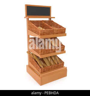 Rattan Bäckerei Lattenrost Regal Befestigung auf Weiß. 3D-Darstellung Stockfoto