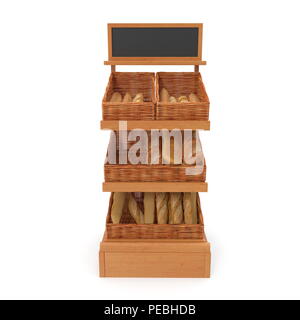 Rattan Bäckerei Lattenrost Regal Befestigung auf Weiß. Vorderansicht. 3D-Darstellung Stockfoto