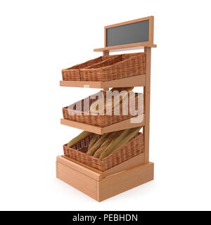 Rattan Bäckerei Lattenrost Regal Befestigung auf Weiß. 3D-Darstellung Stockfoto