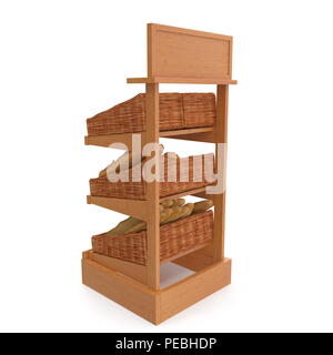 Rattan Bäckerei Lattenrost Regal Befestigung auf Weiß. 3D-Darstellung Stockfoto